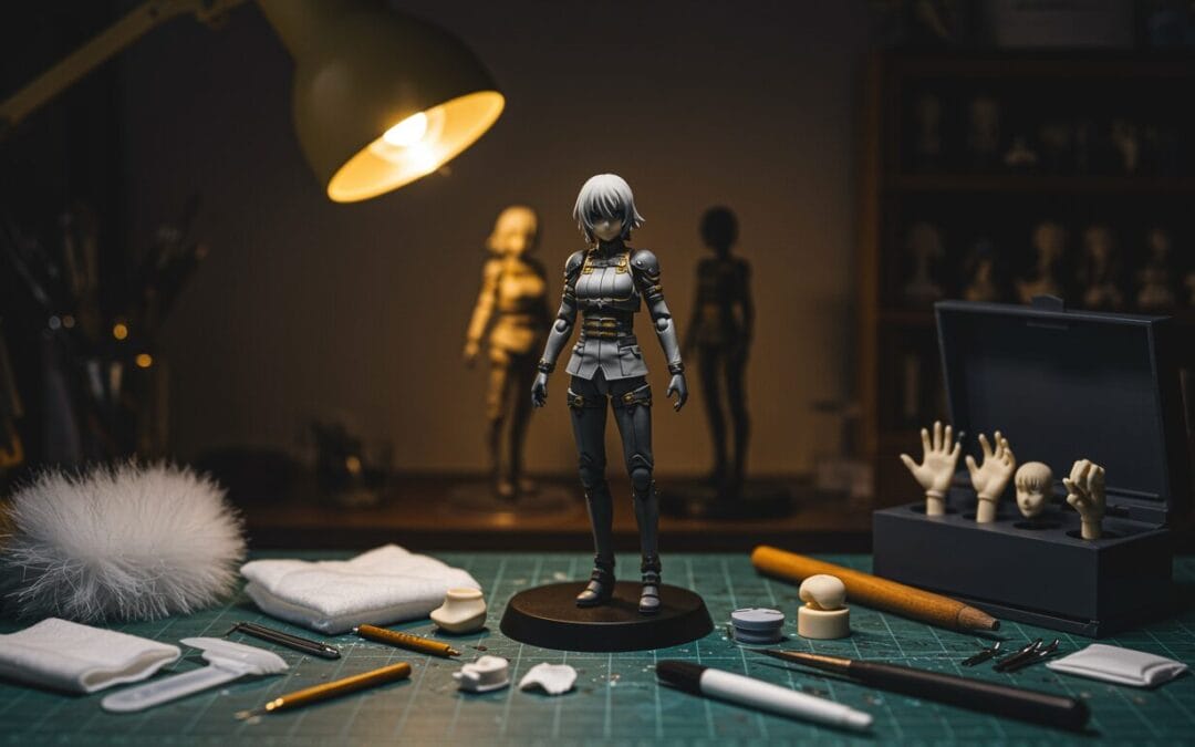 Anime Figuren reparieren – Werkbank mit Figur, Base, Peg und Reparatur-Tools im ANIVERS Schwarz/Gold Setup, Figur vollständig mit Sockel