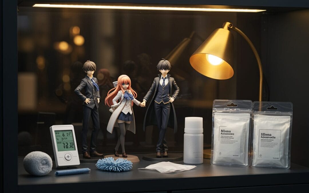 Figuren Luftfeuchtigkeit – Hygrometer und Silica Gel in einer Vitrine mit Anime-Figuren vollständig mit Sockel