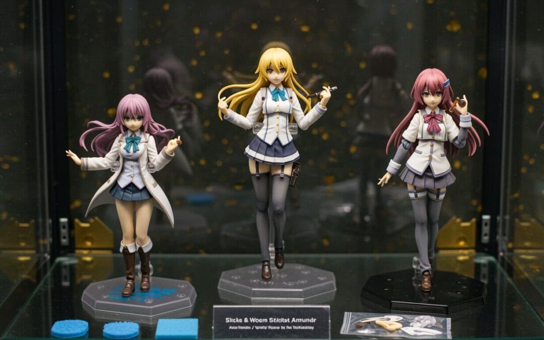 Anime-Figur mit Stand und Support-Rod in einer Vitrine