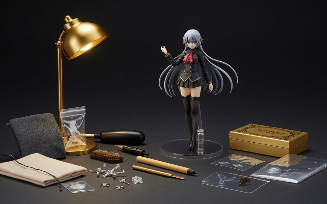 Paint Transfer Figuren – sauberes Sammler-Setup mit zwei Figuren, Schutzfolie und Pflege-Tools in einer Vitrine, Figuren vollständig mit Sockel