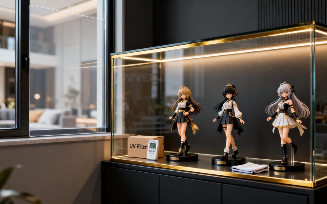 UV-Schutz Vitrine Figuren – Sammler-Vitrine mit UV-Folie am Fenster und warmem LED-Licht, Figuren vollständig mit Sockel