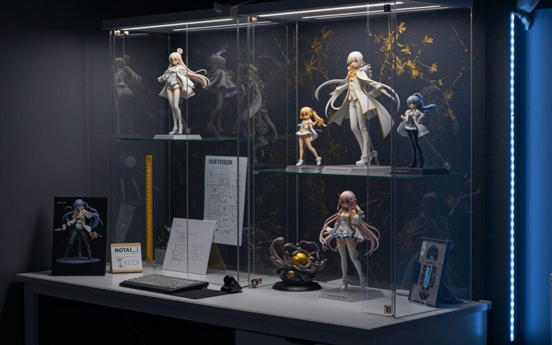 Vitrine planen Anime Figuren – Vitrinen-Setup mit Maßband, Skizze und Figuren in Schwarz/Gold, alle Figuren vollständig mit Base