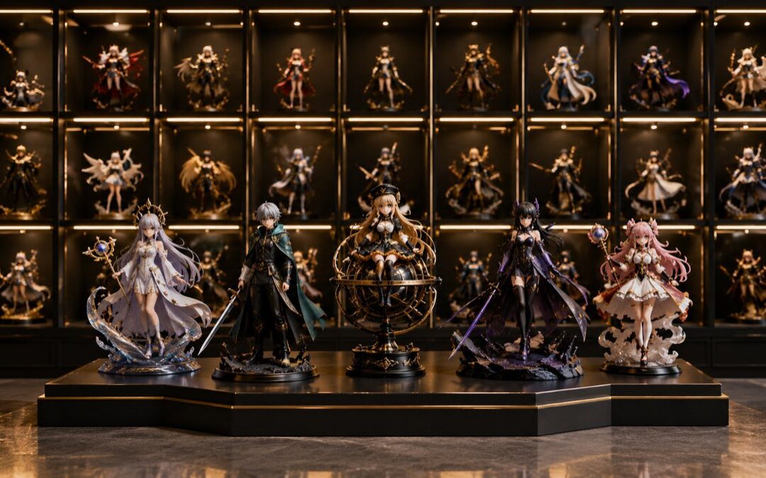 Anime Figuren Hersteller Übersicht mit verschiedenen Sammlerfiguren in einer beleuchteten Vitrine